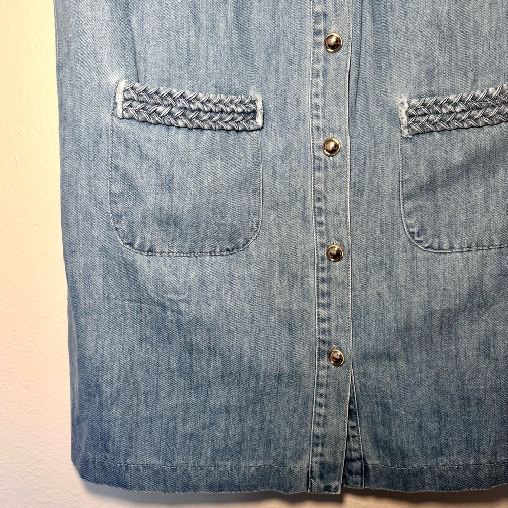 Lalavon Denim Button Front Dress Braided Trim Sleeveless Pockets Size L - Picture 4 of 8